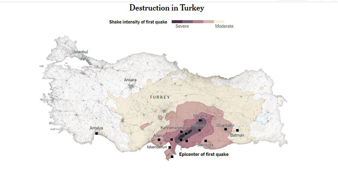 مناطق تأثير زلزال تركيا / المناطق ذات اللون الغامق هي المناطق الأكثر تضررا في تركيا